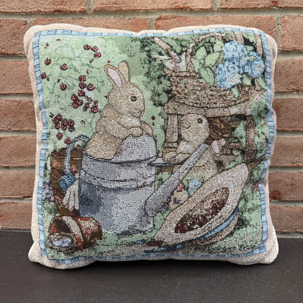 Sandi Gore Evans Vintage Throw Pillow Bunny Garden Tapestry Cottagecore Decor